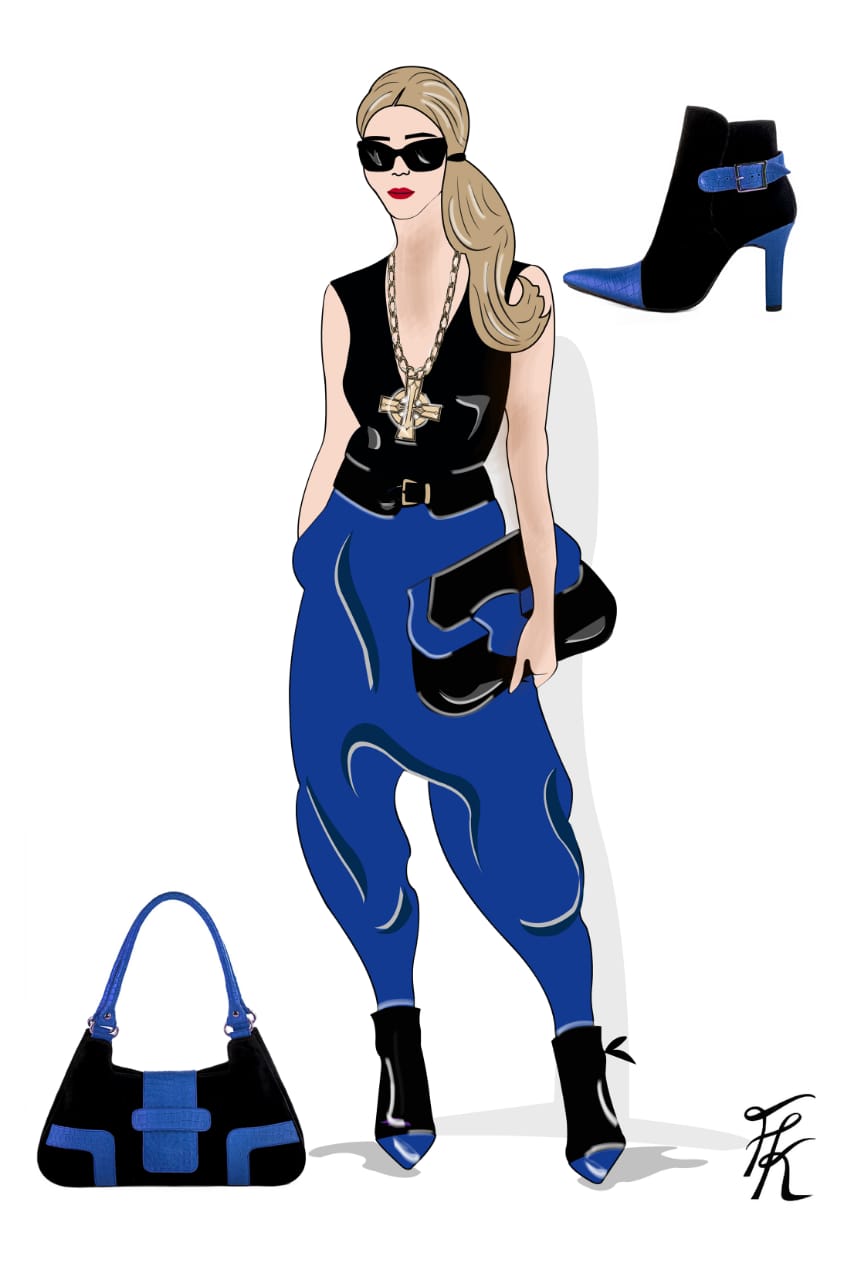 Dress handbag in matt black and electric blue leather - Worn view